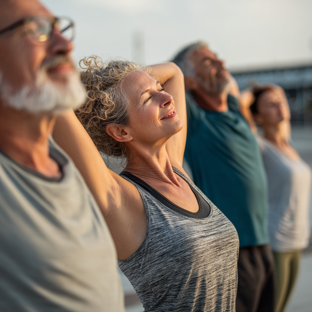 Middle-aged adults doing gentle stretching exercises outdoors
