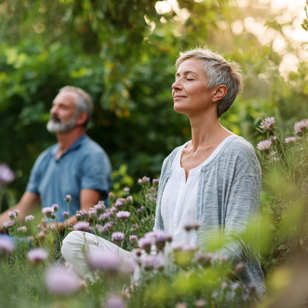Middle-aged people enjoying peaceful relaxation time in natural garden setting