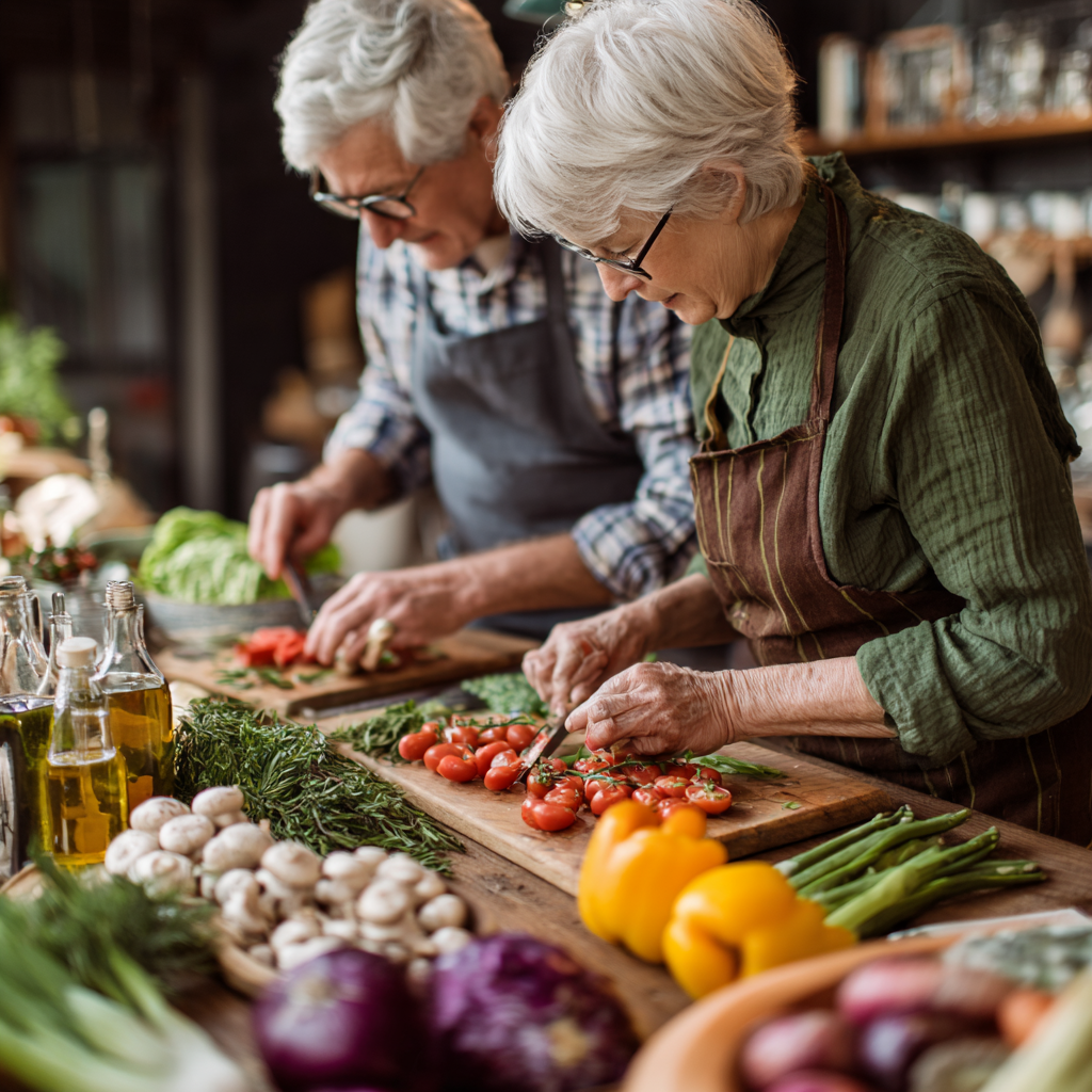 Older adults preparing nutritious meals with fresh vegetables and herbs